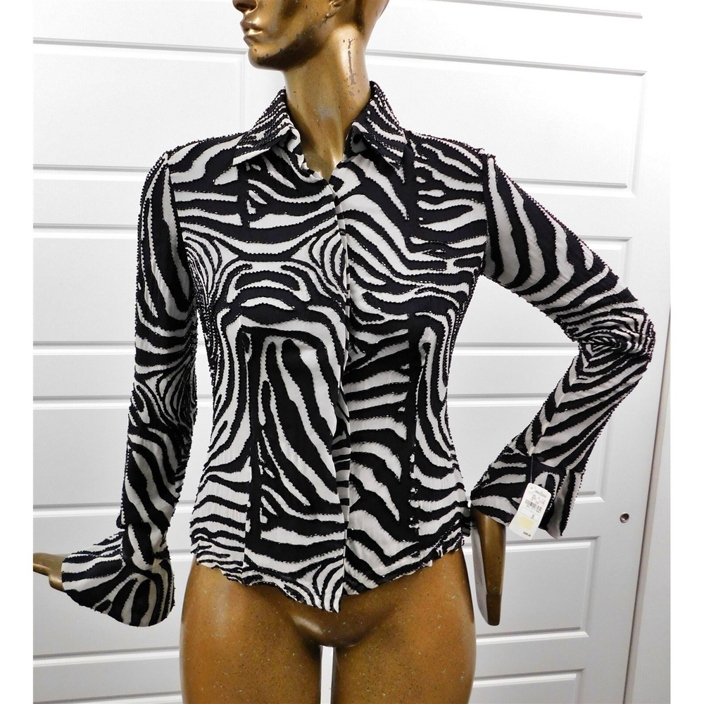 New Basix II Black Gray Beaded Evening100% Silk Blouse $300rt sz 8